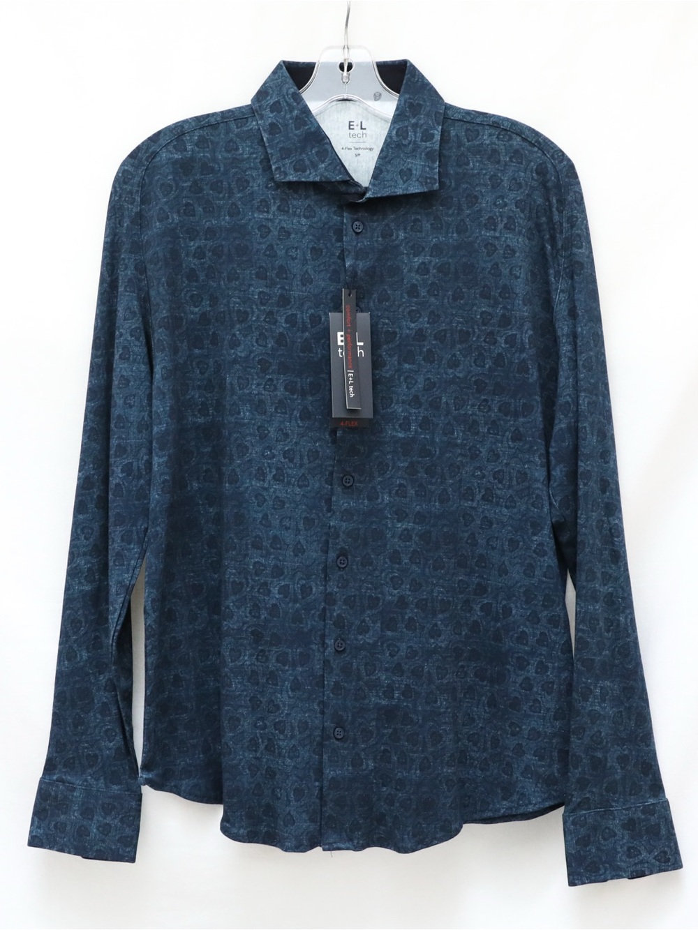 NWT E+L Tech men's button-down shirt 4 way stretch blue heart print cotton Small